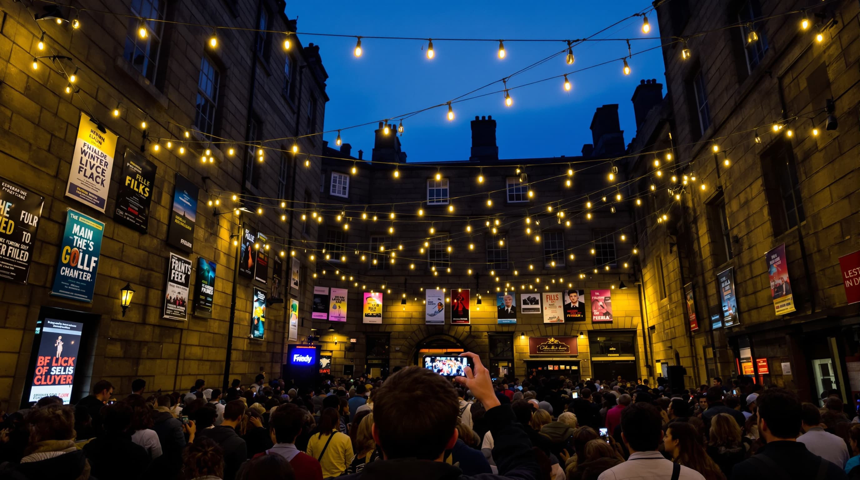 Festival crowd at night in an Edinburgh courtyard
