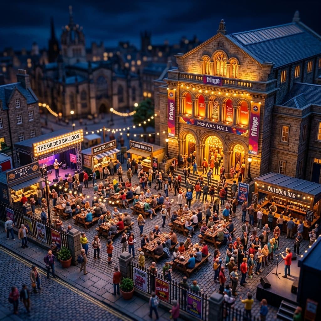 Miniature model of a busker performing in the McEwan Hall courtyard