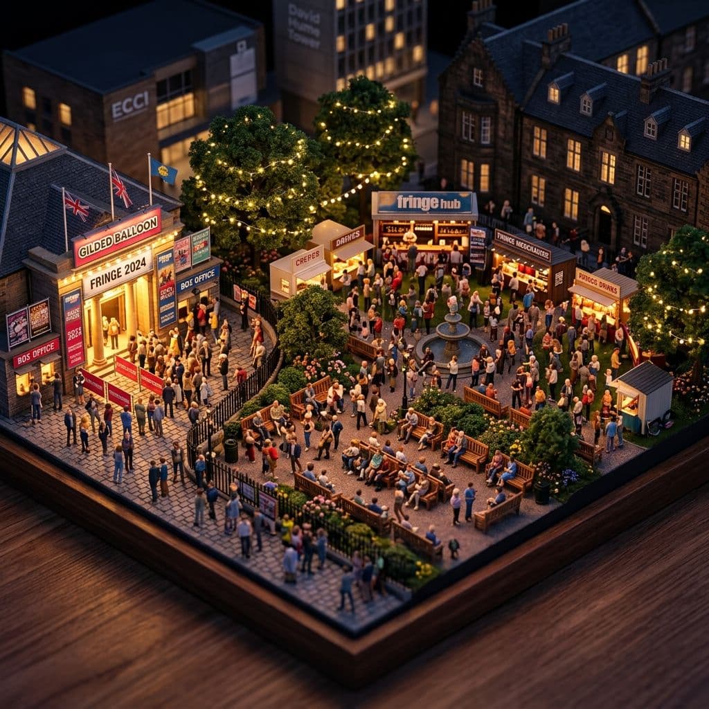 Miniature model of a Fringe venue box office with a queue outside